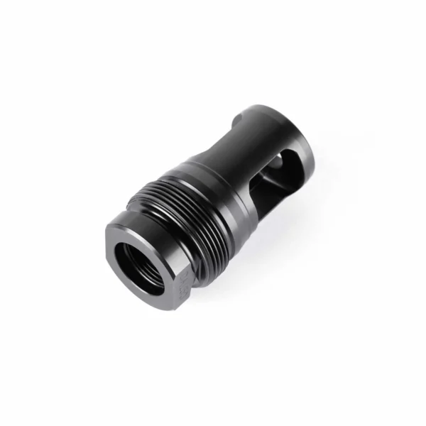 DEAD AIR XEMAX BRAKE, black angled view with threaded body and side ports