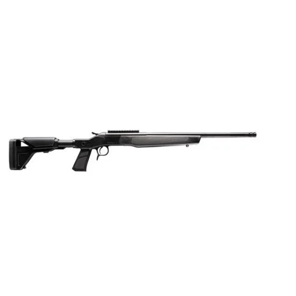 CVA Scout XP rifle, right-side view with black stock, fluted silver barrel and muzzle brake