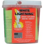 Tannerite White Lightning Rimfire Target Kit, front view of translucent tub with red and green label