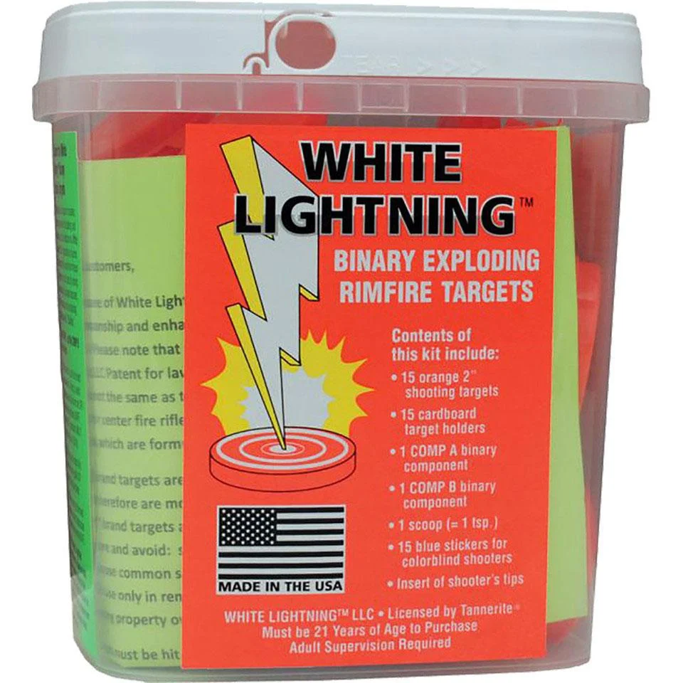 primary-52833 Tannerite White Lightning Rimfire Target Kit, front view of translucent tub with red and green label