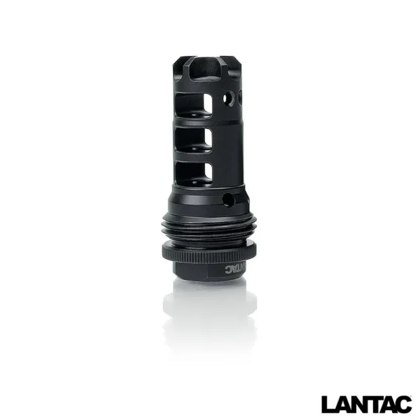 LANTAC DRAGON 308/762 SIL CO ASR MNT black slotted muzzle device in front angled view