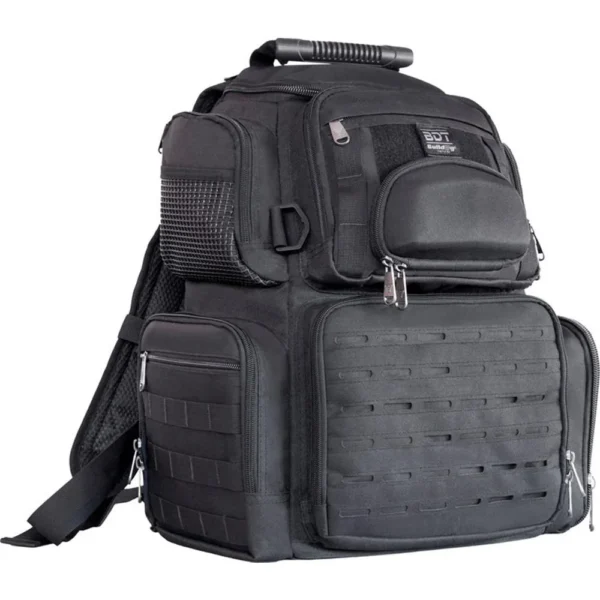 Bulldog Medium Tactical Range Handgun Backpack Black, front view with zippered pockets