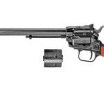 Heritage 22/22M black revolver in side view with long barrel, red-brown grip and detached cylinder