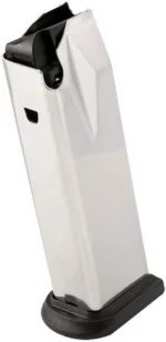 Springfield XD/MOD 2/3 magazine, silver body with black follower and base plate, three-quarter view