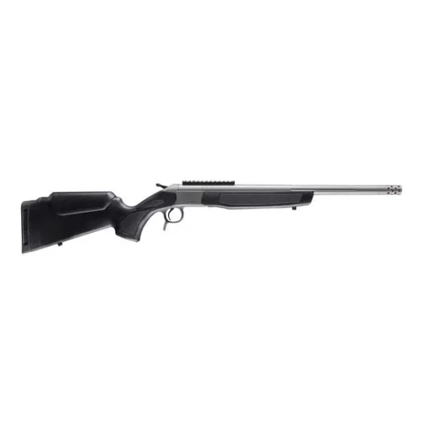 CVA Scout TD Single Shot Rifle, left-side view with black stock and stainless barrel