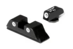 Trijicon NS for Glock 20 21, black, angled view of front and rear sights with white inserts