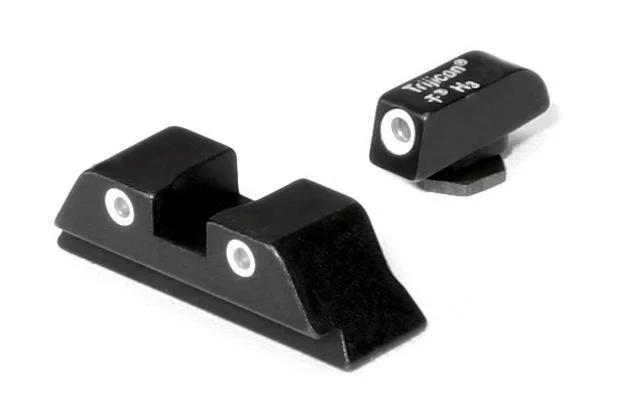 primary-52972 Trijicon NS for Glock 20 21, black, angled view of front and rear sights with white inserts