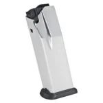 Springfield XD Magazine, silver body with black follower and base plate, front view