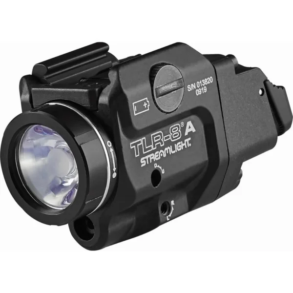 Streamlight TLR-8 A Flex, black rail-mounted light with round front lens, angled left-side view