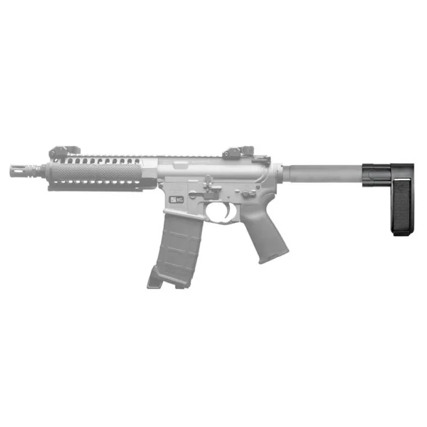 SB Tactical SB TACT AR MINI PISTOL BRACE BLK, black brace mounted on firearm, right-side view