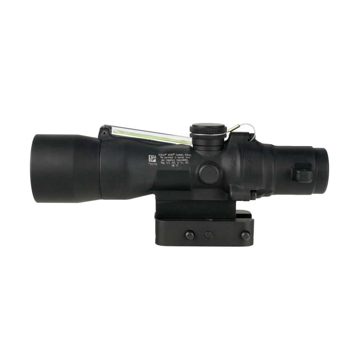 primary-53020 TRIJICON ACOG 3X30 GREEN XHR 300 BLK black optic, side view with mount and green fiber strip