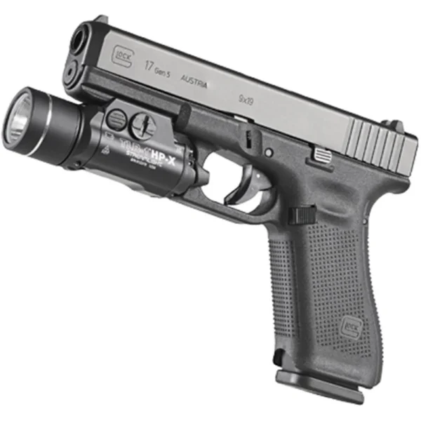 Streamlight TLR-1 HP-X Handgun Weapon Light, black side view mounted beneath a handgun