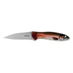 Kershaw Leek folding knife, left side with silver blade and rainbow trout handle