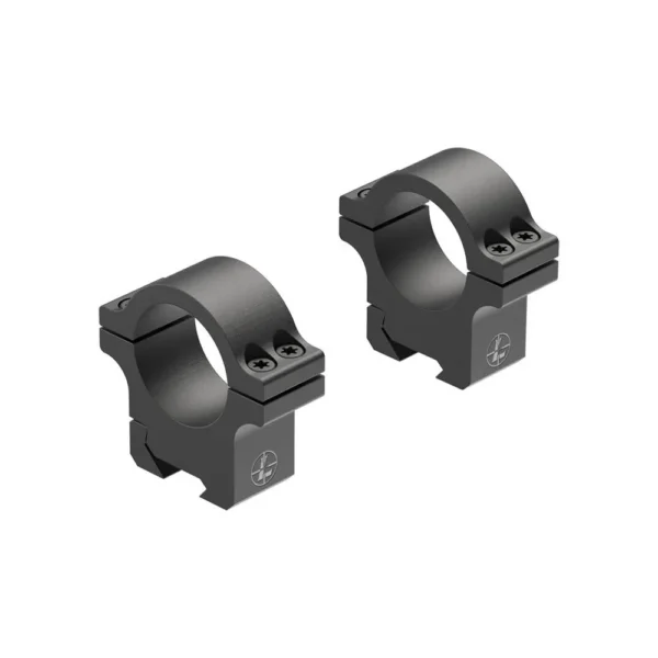Leupold Open Range Rimfire Cross-Slot Rings, two black high rings in angled view