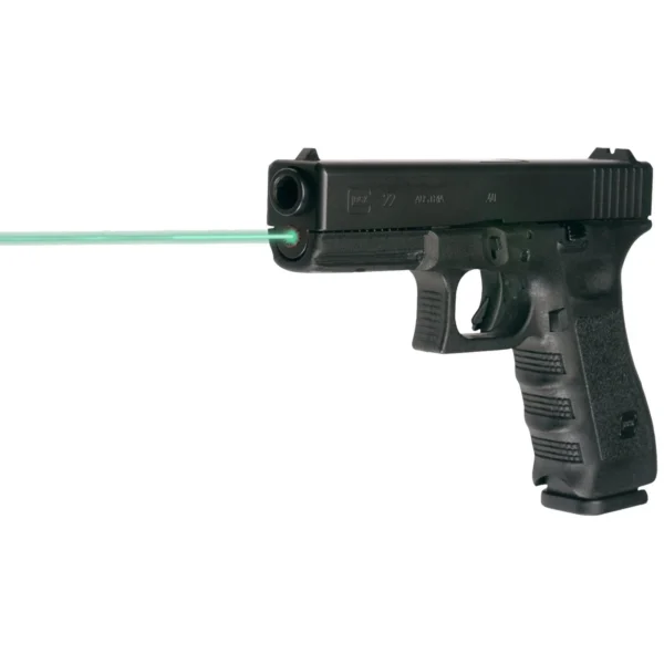 LaserMax Guide Rod Laser, green beam projecting from the front of a black GLOCK pistol