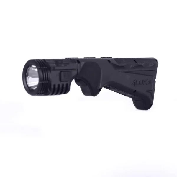 Viridian 4LUX 2K DUO angled foregrip, left-side view in black with integrated light
