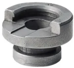 Hornady Shell Holder #16, silver, angled top view with circular opening and slotted rim