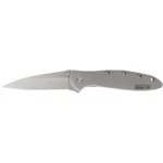 Kershaw Ken Onion Leek folding knife, open right-side view with silver handle and pointed blade