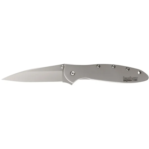 Kershaw Ken Onion Leek folding knife, open right-side view with silver handle and pointed blade