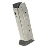 Ruger American magazine, angled side view with silver metal body and black base plate