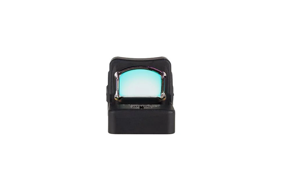 primary-53118 TRIJICON RMRCC 6.5 MOA BLK black reflex sight, front view with blue-green tinted lens