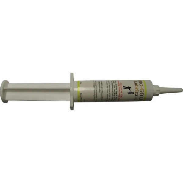 Pro-Shot Pro Gold Lube, grey syringe with narrow applicator tip, side view
