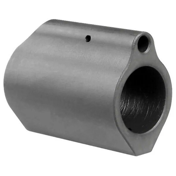 Midwest Low Profile Gas Block, angled view of grey metal block with circular opening and pinhole