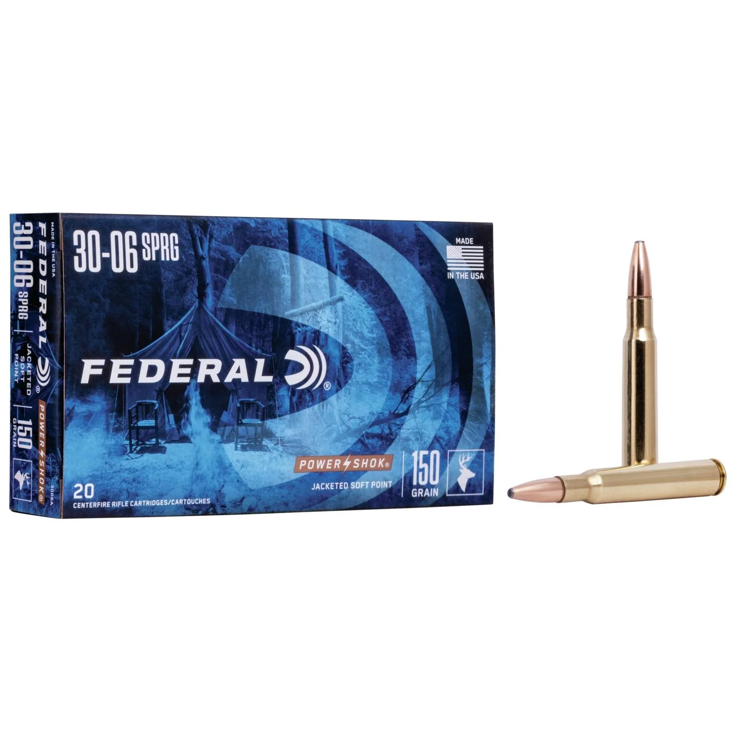 primary-53143 Federal Power-Shok Rifle Ammunition, blue box beside two brass cartridges with pointed bullets