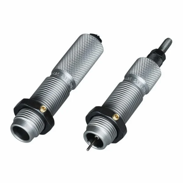 RCBS Full Length Die Set 300 PRC, two silver dies in angled view with knurled bodies