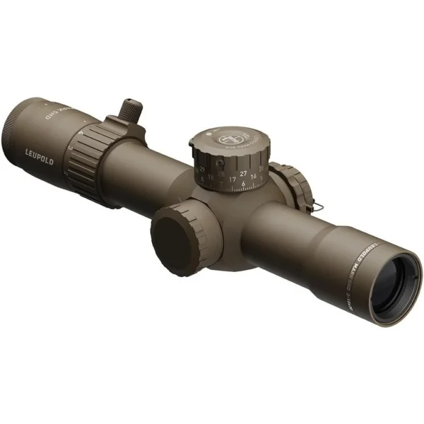 Leupold Mark 5HD scope in dark earth finish, angled view with adjustment turrets and lens caps