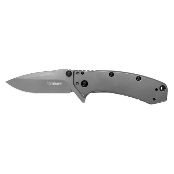 Kershaw Cryo folding knife open, right-side view with matte grey drop-point blade and handle