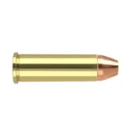 Nosler ASP handgun ammunition, side view of brass cartridge with copper-coloured tip