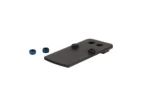 TRIJICON RMRCC ADP PLATE P365XL black adapter plate with posts and two blue screws, angled top view