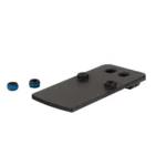 TRIJICON RMRCC ADP PLATE P365XL black adapter plate with posts and two blue screws, angled top view
