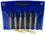 AOB Wheeler 8 Piece Brass Punch Set, brass punches in a blue storage pouch, front view