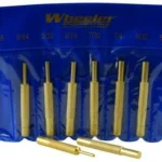 AOB Wheeler 8 Piece Brass Punch Set, brass punches in a blue storage pouch, front view