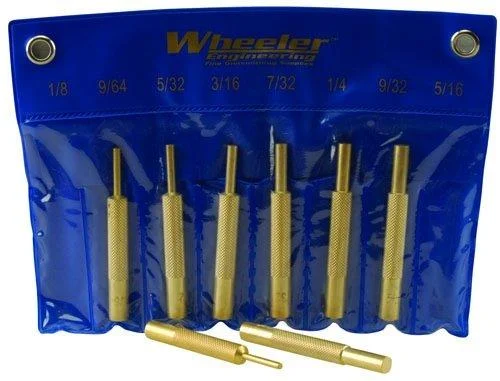AOB Wheeler 8 Piece Brass Punch Set, brass punches in a blue storage pouch, front view
