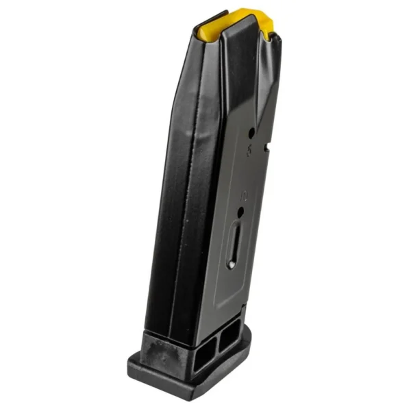Taurus G3 Handgun Magazine, black angled side view with yellow follower and extended base