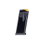 Taurus GX4 Carry magazine, black, angled side view with yellow follower and extended baseplate