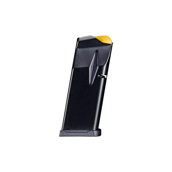 Taurus GX4 Carry magazine, black, angled side view with yellow follower and extended baseplate