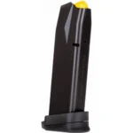 MAG TAURUS G3 black pistol magazine, angled side view with extended base and yellow follower