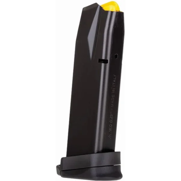 MAG TAURUS G3 black pistol magazine, angled side view with extended base and yellow follower