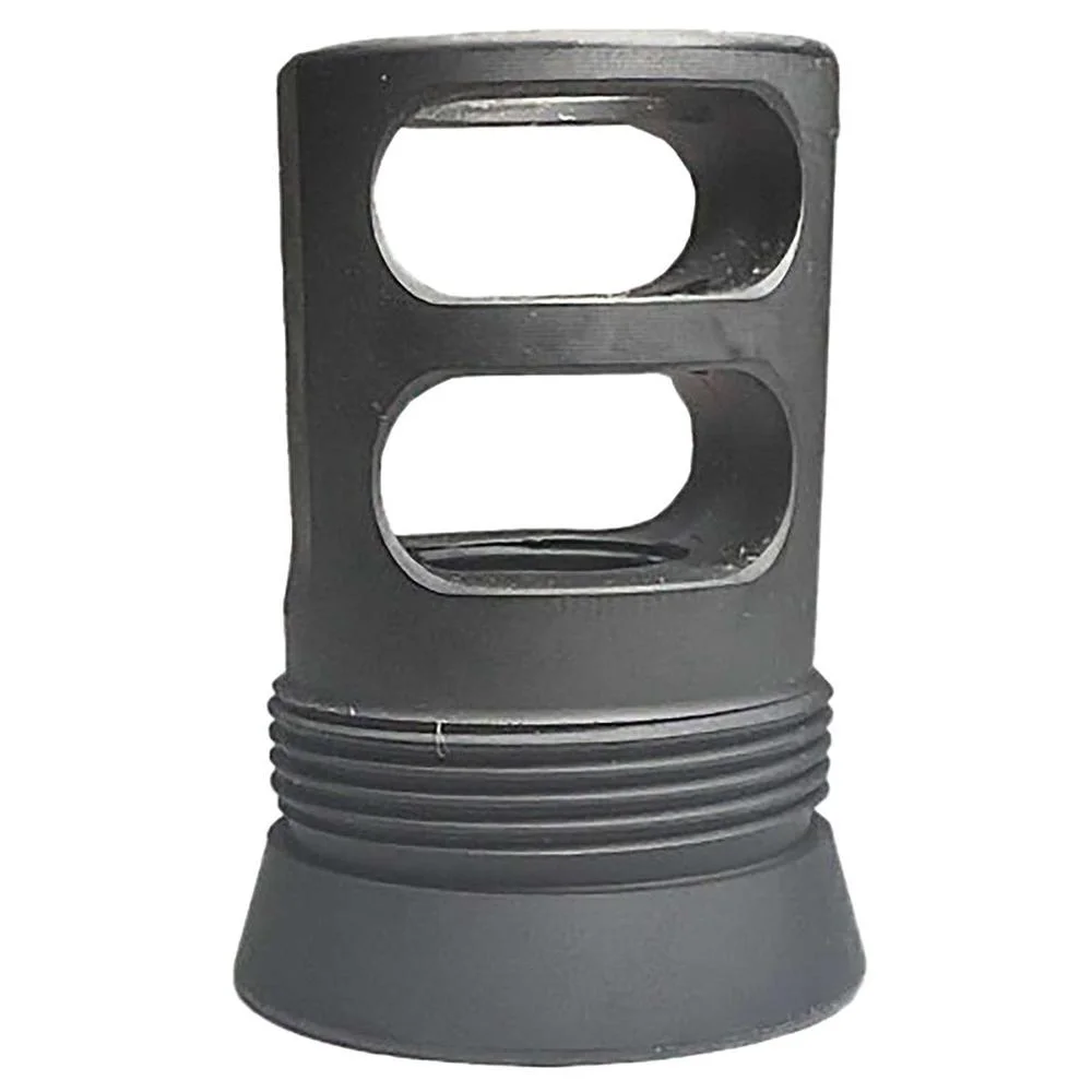 primary-53298 Banish 5819 Muzzle Brake 46 Insert, black front angled view with two rectangular ports