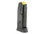 Taurus G3C handgun magazine, angled side view in black with yellow follower and extended base