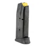 Taurus G3C handgun magazine, angled side view in black with yellow follower and extended base