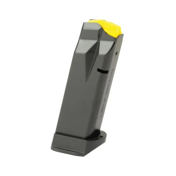 Taurus GX2 Handgun Magazine, black angled front view with yellow follower and extended base