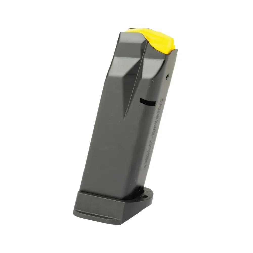 primary-53308 Taurus GX2 Handgun Magazine, black angled front view with yellow follower and extended base