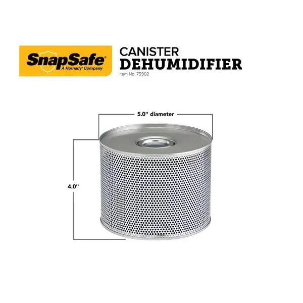 SnapSafe Canister Dehumidifier, silver perforated canister with product label and dimensions