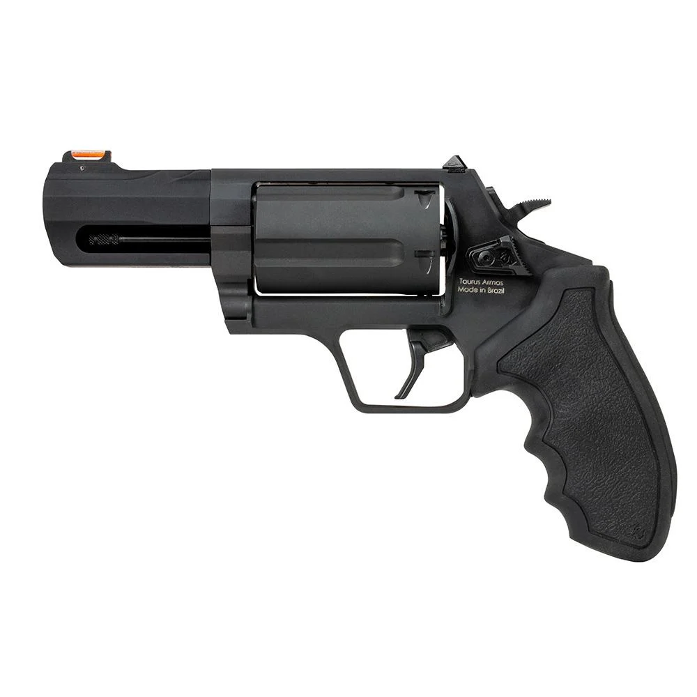 primary-53334 Taurus Judge black handgun, right-side view with short barrel, cylinder and textured grip