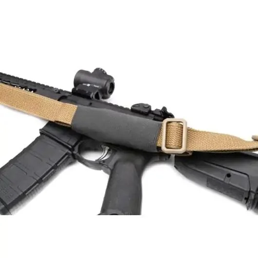 Blue Force Gear MultiCam sling sleeve, tan and grey, fitted over a rifle sling